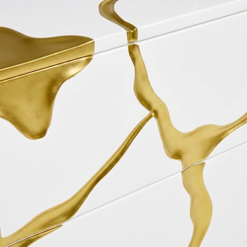 MDF Wide Nightstand with Gold Branch Accents and Soft-Close Drawers with Storage
