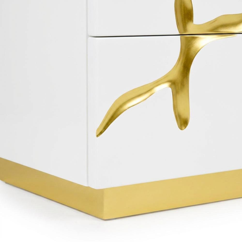 MDF Wide Nightstand with Gold Branch Accents and Soft-Close Drawers with Storage
