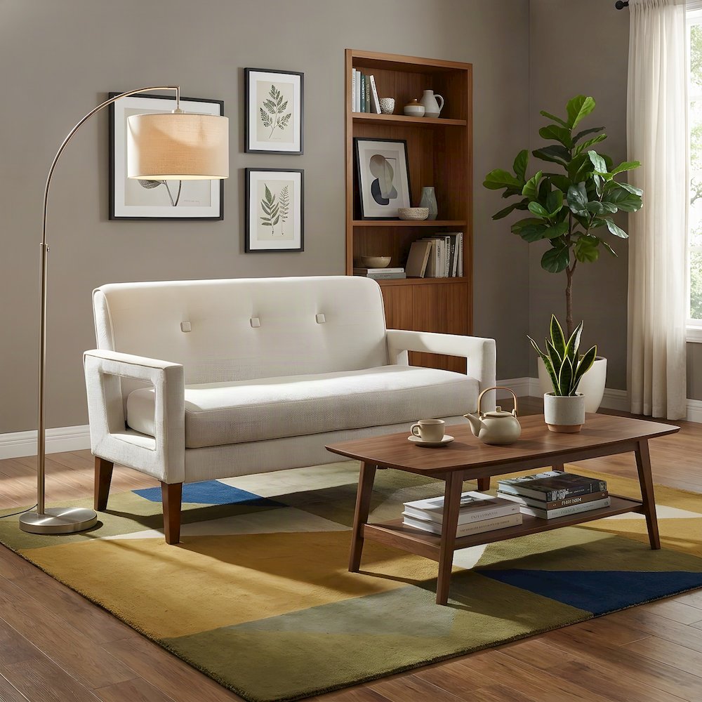 Belfort Chenille Upholstered Loveseat Sofa, Small Love Seat Couch, Beige
