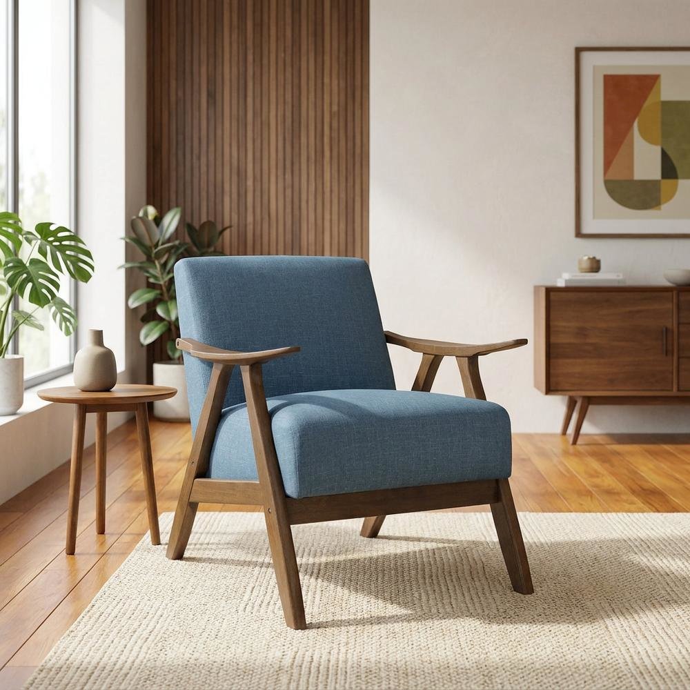 Damala Textured Fabric Upholstered Accent Chair, Mid Century Modern, Blue