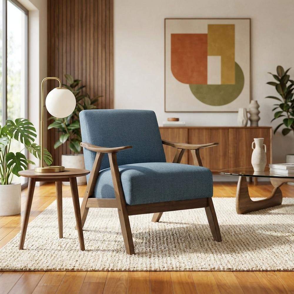 Damala Textured Fabric Upholstered Accent Chair, Mid Century Modern, Blue