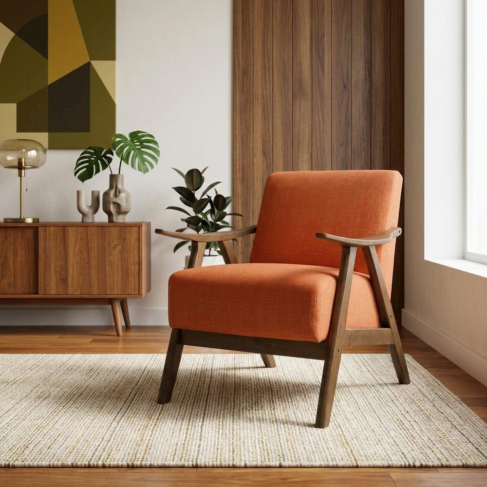 Damala Textured Fabric Upholstered Accent Chair, Mid-Century Modern, Orange
