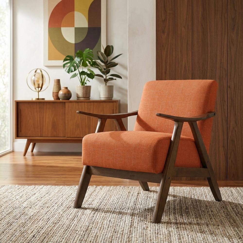 Damala Textured Fabric Upholstered Accent Chair, Mid-Century Modern, Orange