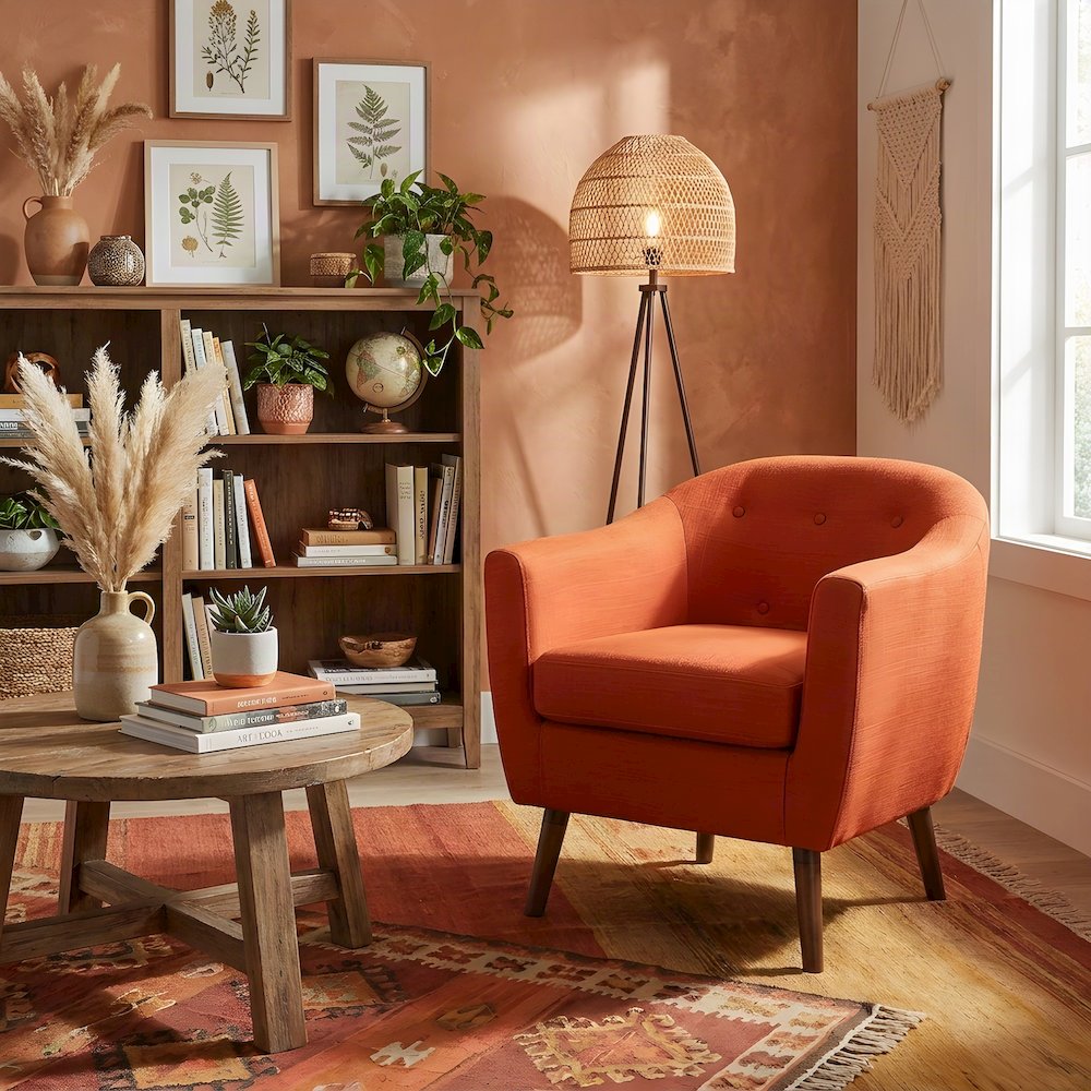 Textured Fabric Accent Chair with Cushioned Seat for Living Room, Orange