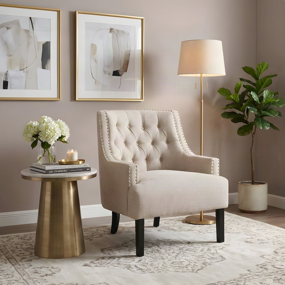 Textured Chenille Upholstered Armchair, Cozy Accent Chair for Reading, Cement