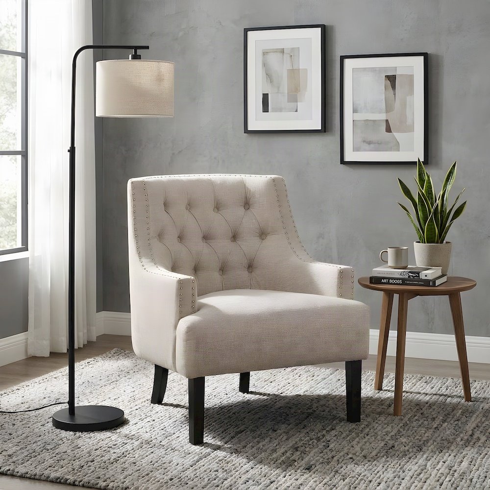 Textured Chenille Upholstered Armchair, Cozy Accent Chair for Reading, Cement