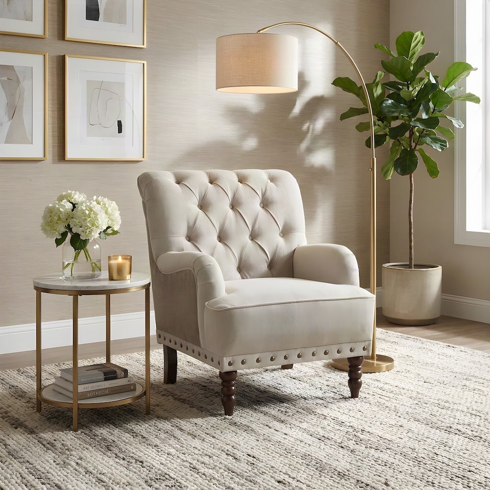 Textured Fabric Accent Chair with Cushioned Seat for Bedroom, Beige