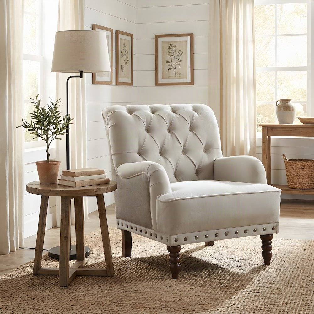 Textured Fabric Accent Chair with Cushioned Seat for Bedroom, Beige