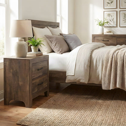 Asian Hardwood Nightstand with Drawer, Bedside Table Night Stand, Rustic Brown