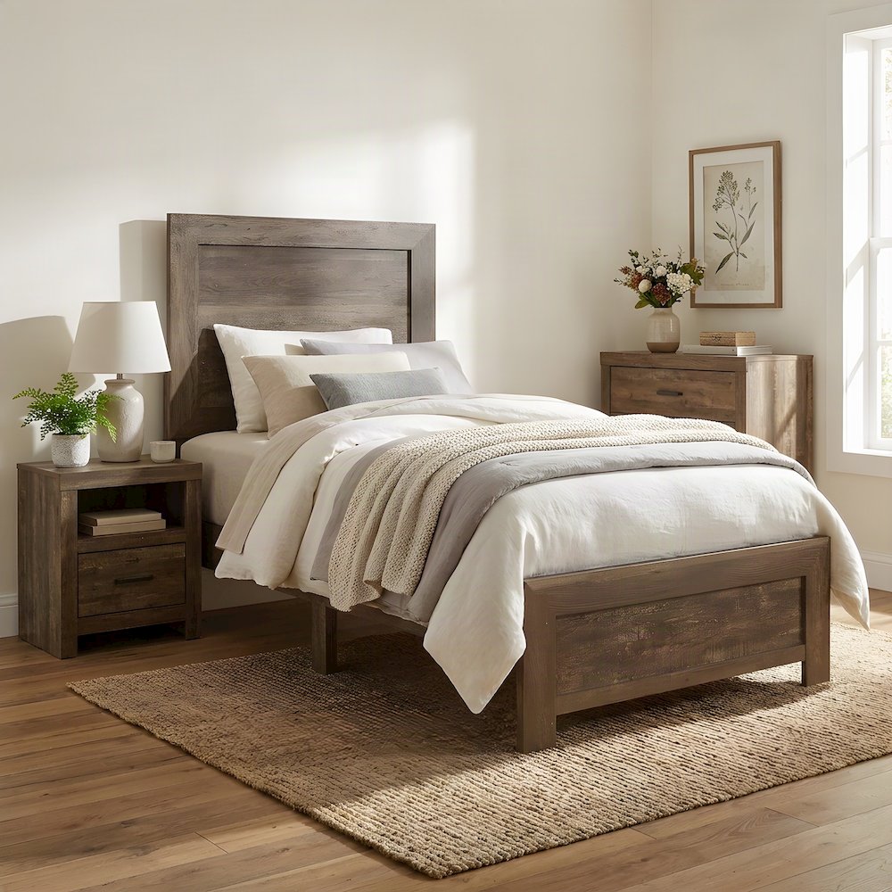 Asian Hardwood Twin Bed Frame with Headboard, Wooden Panel Bed, Rustic Brown