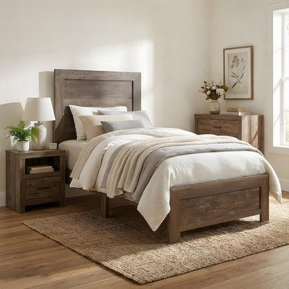Asian Hardwood Twin Bed Frame with Headboard, Wooden Panel Bed, Rustic Brown