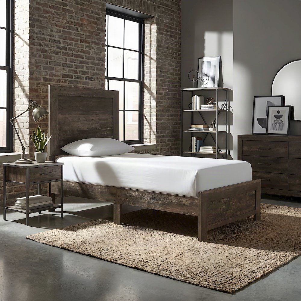 Asian Hardwood Twin Bed Frame with Headboard, Wooden Panel Bed, Rustic Brown
