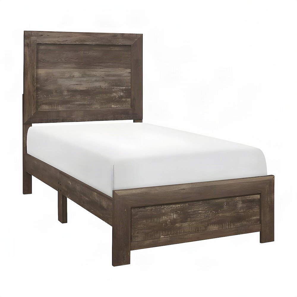 Asian Hardwood Twin Bed Frame with Headboard, Wooden Panel Bed, Rustic Brown