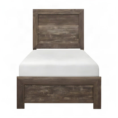 Asian Hardwood Twin Bed Frame with Headboard, Wooden Panel Bed, Rustic Brown