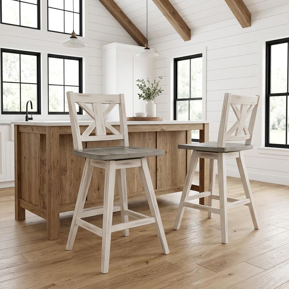 Wood Swivel Counter Stools with Back, Gray and Black, Set of 2