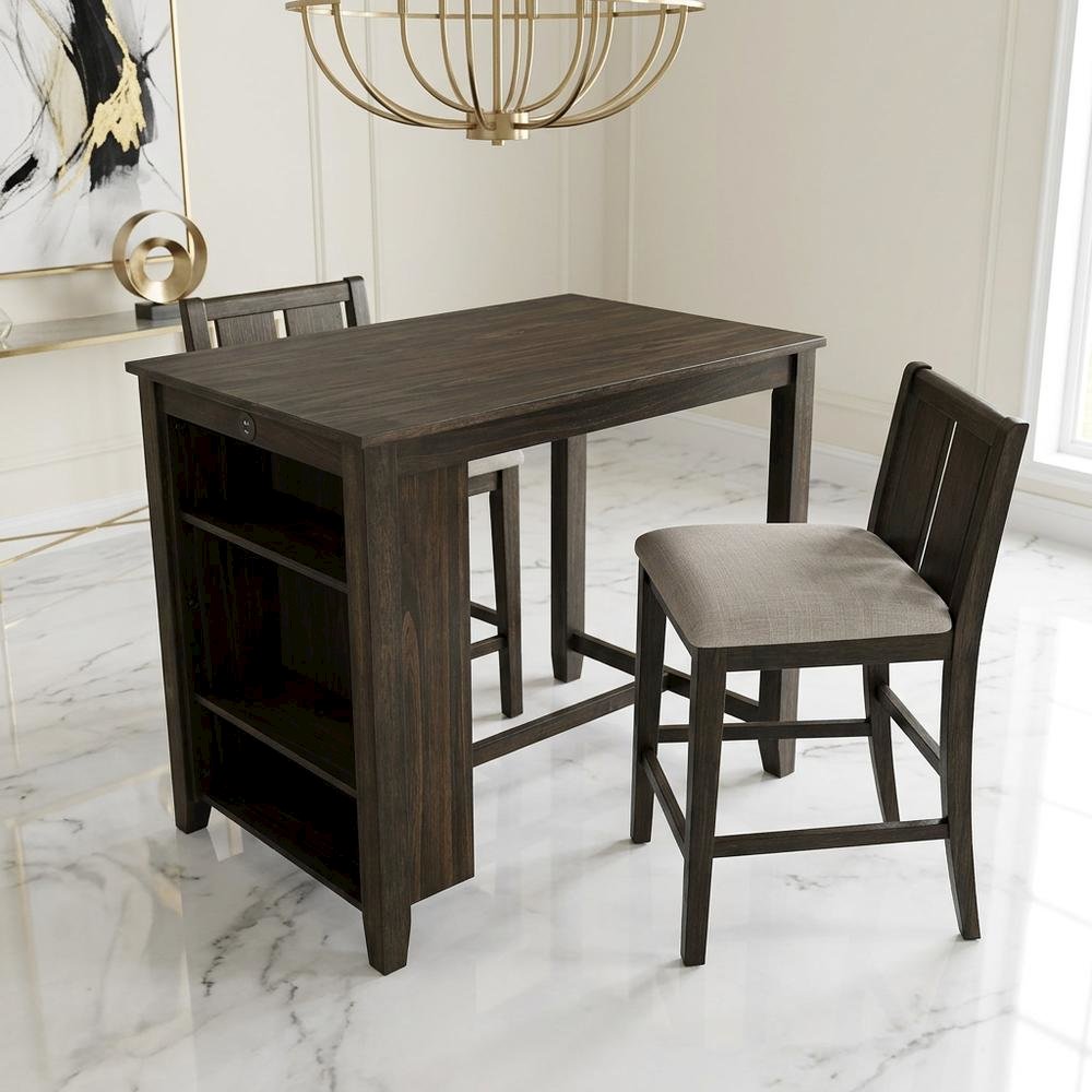 Wood Veneer Counter Height Dining Table Set with Bar Stools, Brown, Set of 3