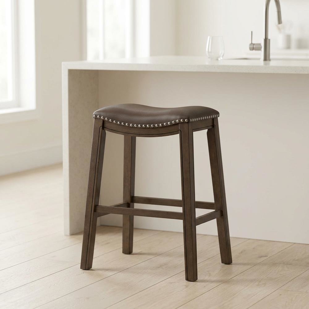 Ordway Solid Wood Backless Bar Stool with Saddle Seat for Kitchen Island, Brown