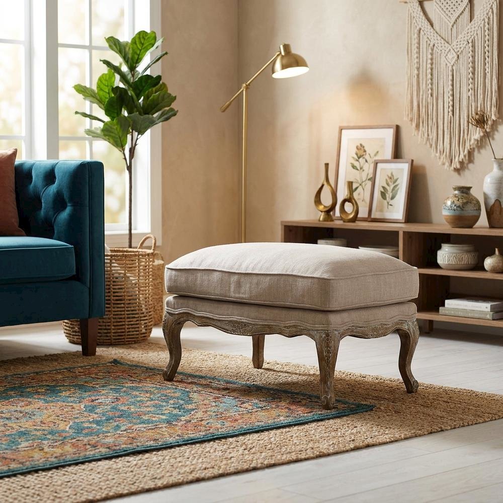 Linen Fabric Ottoman, Textured Neutral Minimalist Seating
