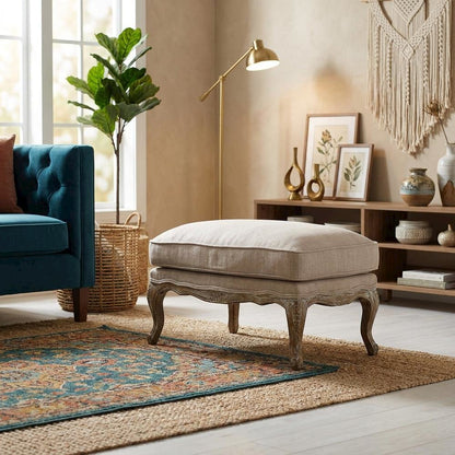 Linen Fabric Ottoman, Textured Neutral Minimalist Seating