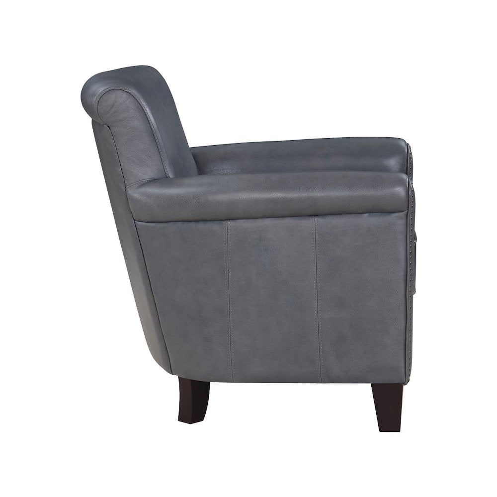 Elegant Burnish Gray Leather Accent Chair with Arm Rest and Nailheads Trim