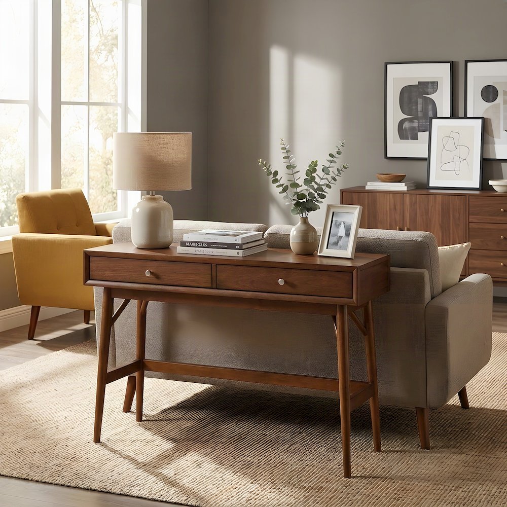 Rubberwood Console Sofa Table with Two Functional Drawers for Entryway, Brown