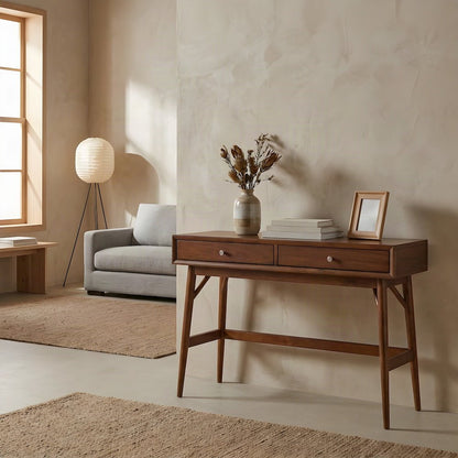 Rubberwood Console Sofa Table with Two Functional Drawers for Entryway, Brown