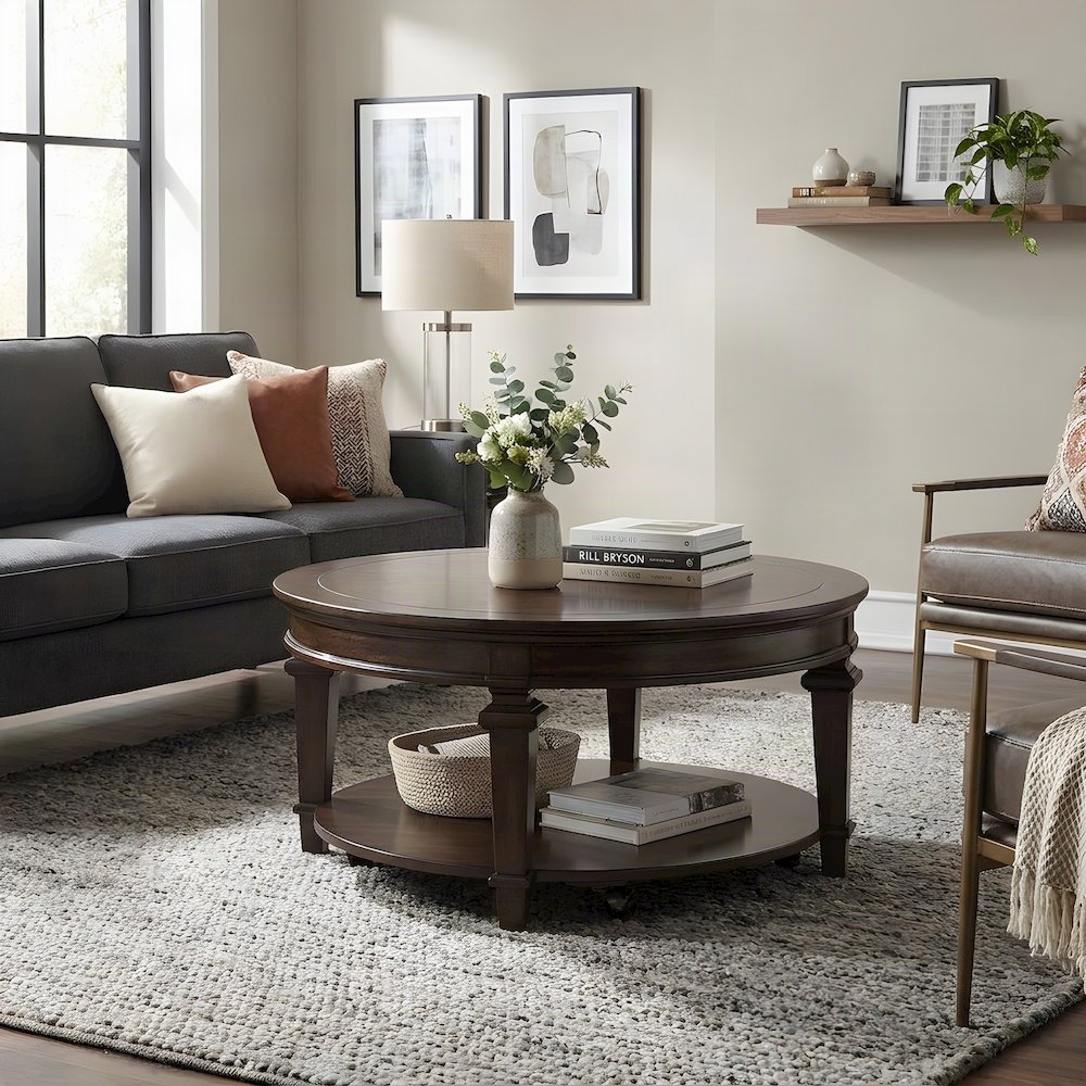 Poplar Wood Round Cocktail Table, Circle Coffee Table for Living Room, Espresso