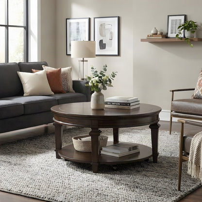 Poplar Wood Round Cocktail Table, Circle Coffee Table for Living Room, Espresso