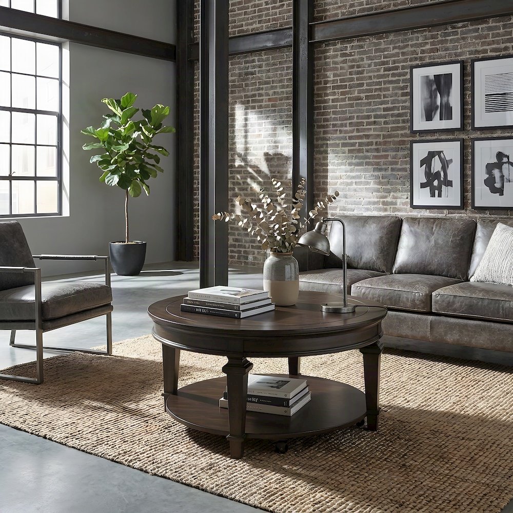 Poplar Wood Round Cocktail Table, Circle Coffee Table for Living Room, Espresso