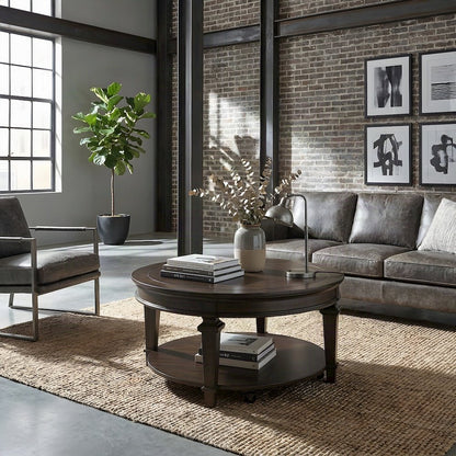 Poplar Wood Round Cocktail Table, Circle Coffee Table for Living Room, Espresso