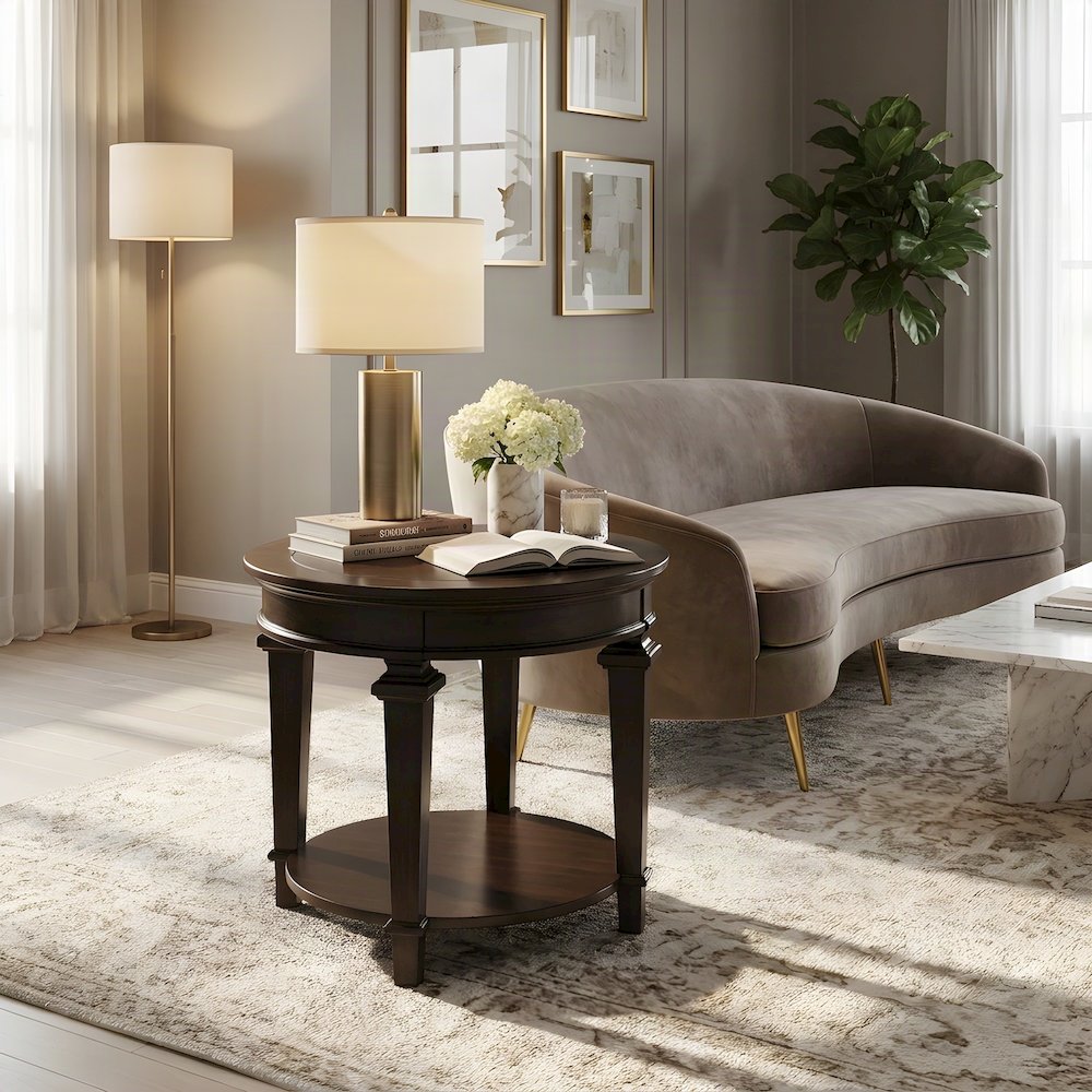 Tobias Poplar Wood Round End Table with Pedestal Base, Espresso