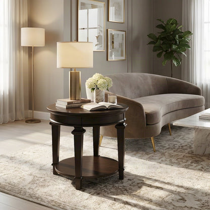 Tobias Poplar Wood Round End Table with Pedestal Base, Espresso