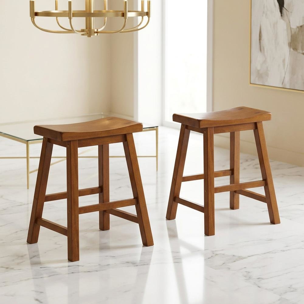 Saddleback Solid Wood Counter Stool with Saddle Seat, Oak, Set of 2