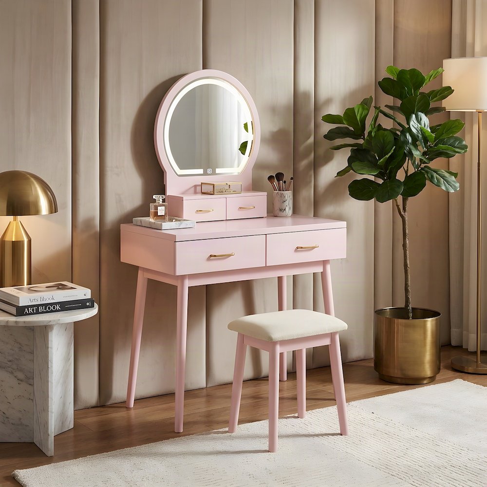 Acacia Wood Makeup Vanity Desk with Mirror and Stool, 3 Piece Set, Pink