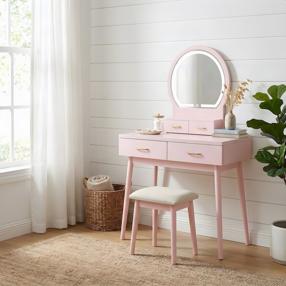 Acacia Wood Makeup Vanity Desk with Mirror and Stool, 3 Piece Set, Pink