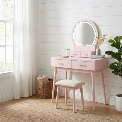 Acacia Wood Makeup Vanity Desk with Mirror and Stool, 3 Piece Set, Pink