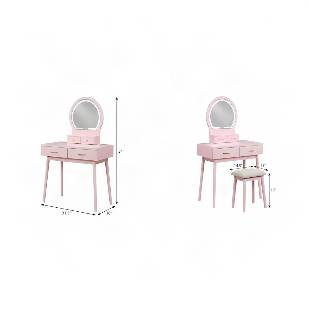 Acacia Wood Makeup Vanity Desk with Mirror and Stool, 3 Piece Set, Pink