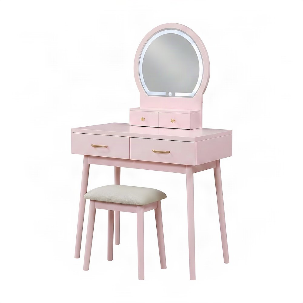 Acacia Wood Makeup Vanity Desk with Mirror and Stool, 3 Piece Set, Pink