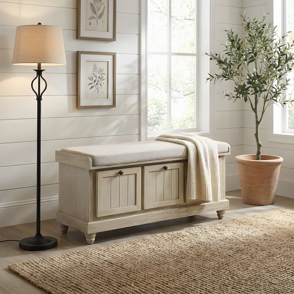 Textured Asian Hardwood Storage Bench for Entryway or Bedroom, Beige