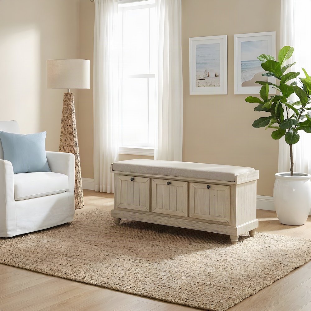 Textured Asian Hardwood Storage Bench for Entryway or Bedroom, Beige