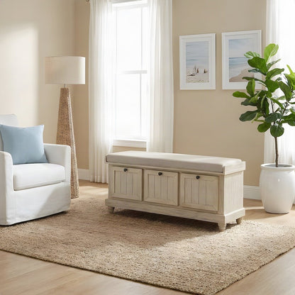 Textured Asian Hardwood Storage Bench for Entryway or Bedroom, Beige