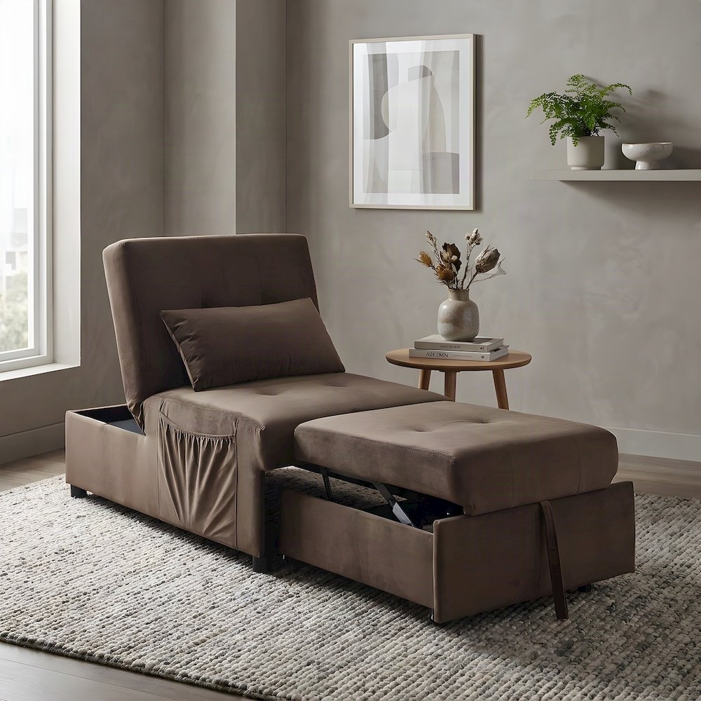 Garrell Velvet Storage Bench with Pull-Out Ottoman and Sleeper Bed, Brown