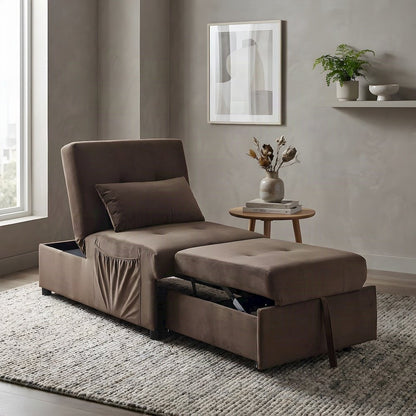 Garrell Velvet Storage Bench with Pull-Out Ottoman and Sleeper Bed, Brown