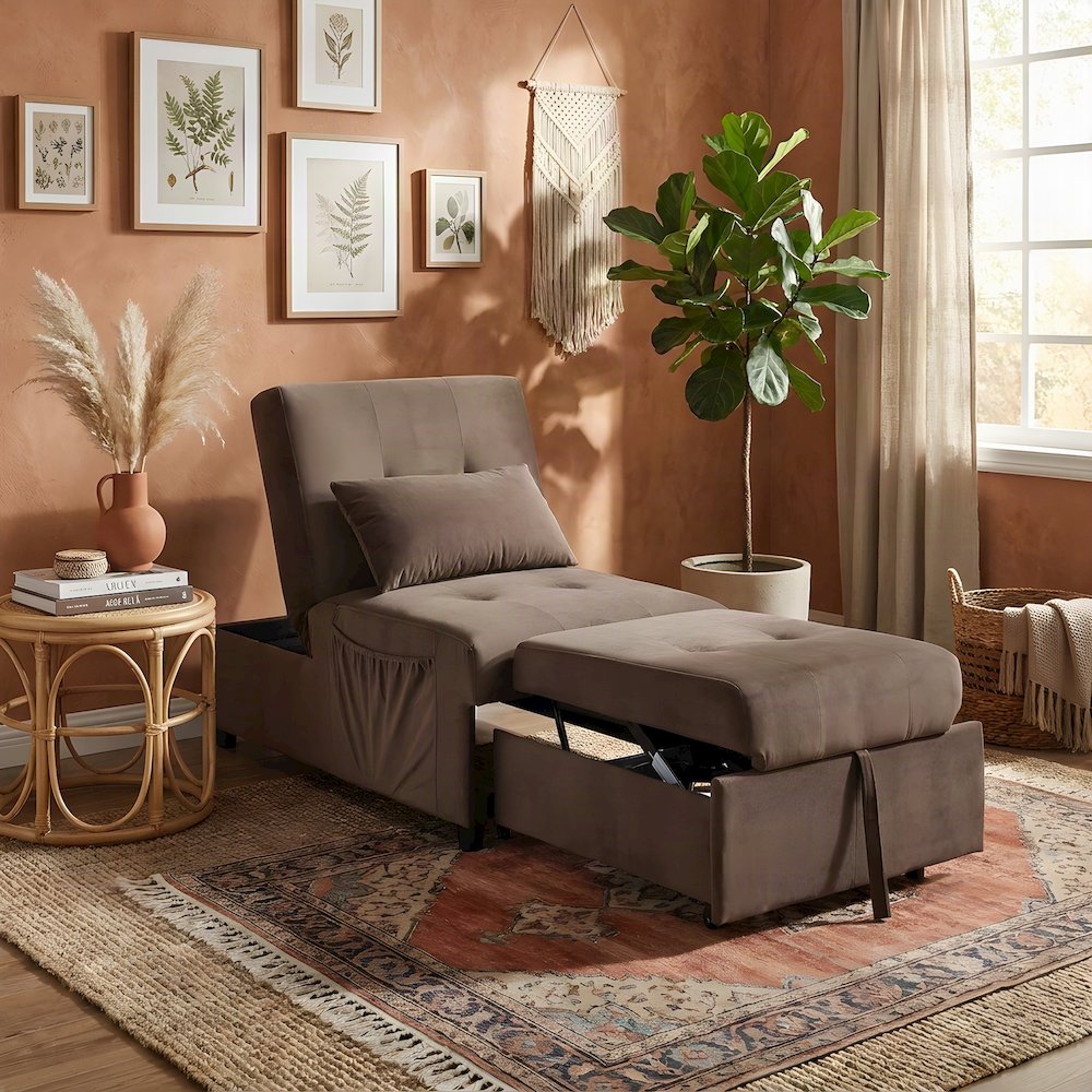 Garrell Velvet Storage Bench with Pull-Out Ottoman and Sleeper Bed, Brown