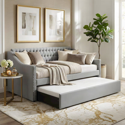 Tulney Fabric Upholstered Twin Daybed with Trundle, Sofa Bed, Gray