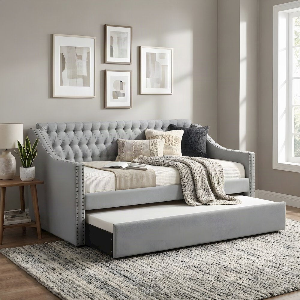 Tulney Fabric Upholstered Twin Daybed with Trundle, Sofa Bed, Gray
