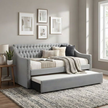 Tulney Fabric Upholstered Twin Daybed with Trundle, Sofa Bed, Gray