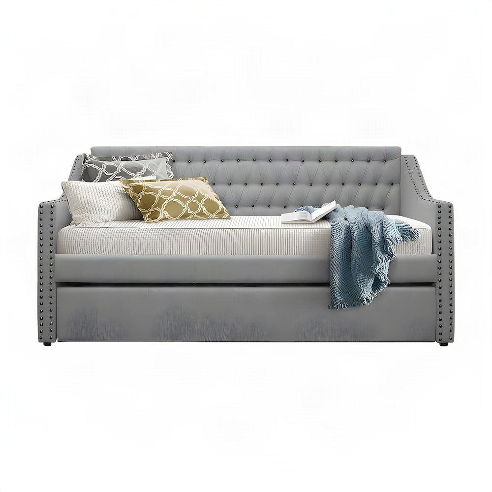 Tulney Fabric Upholstered Twin Daybed with Trundle, Sofa Bed, Gray