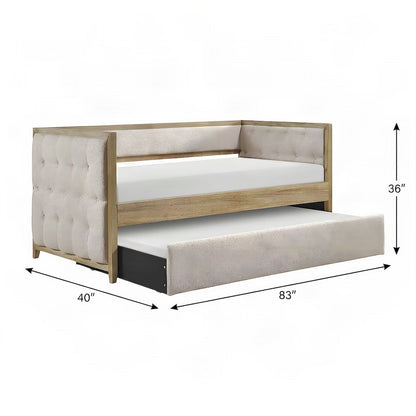 Boucle Upholstered Twin Sofa Daybed with Pull-Out Trundle, Wood Slats, Beige