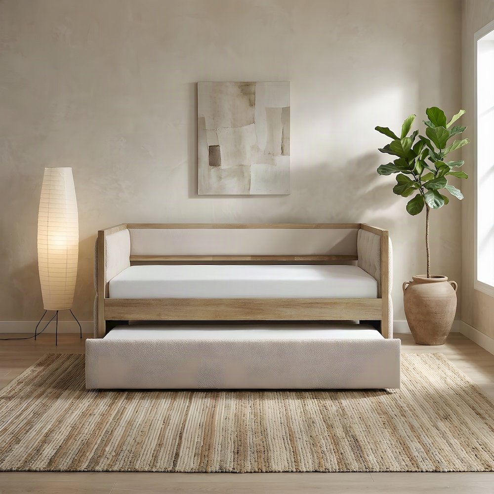 Boucle Upholstered Twin Sofa Daybed with Pull-Out Trundle, Wood Slats, Beige